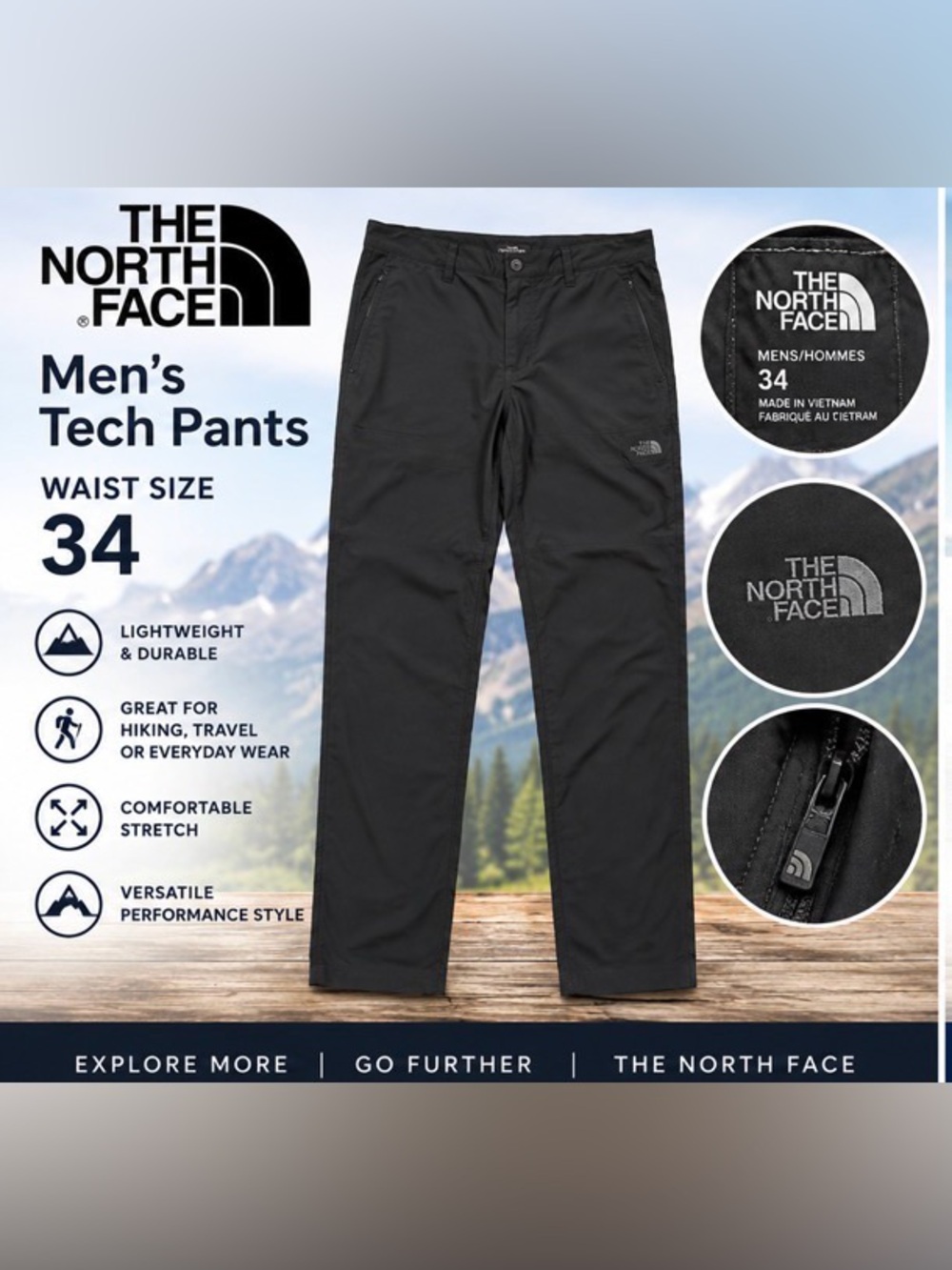 The North Face Men’s Tech Pants Black Hiking Travel Waist 34